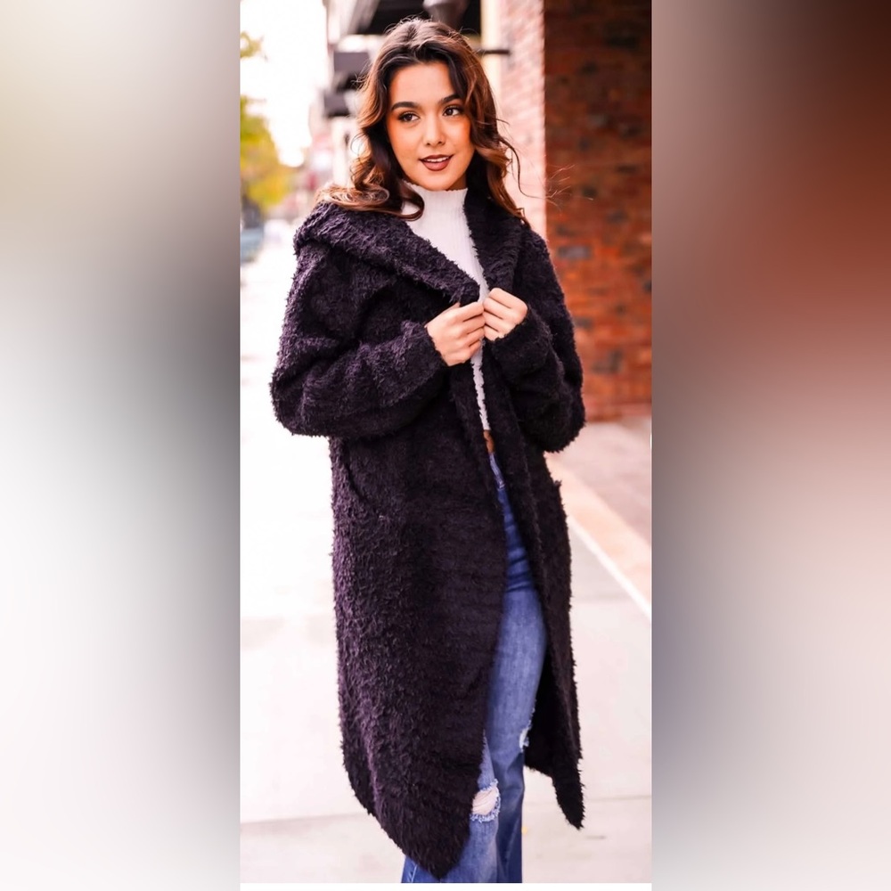 Women's Black Popcorn Knit Hooded Long Cardigan w/ Pockets NWT